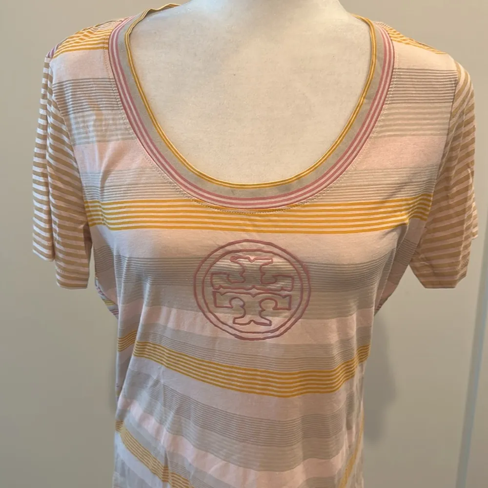 Tory Burch Striped Pima Cotton Logo Tee Sz M - Image 2