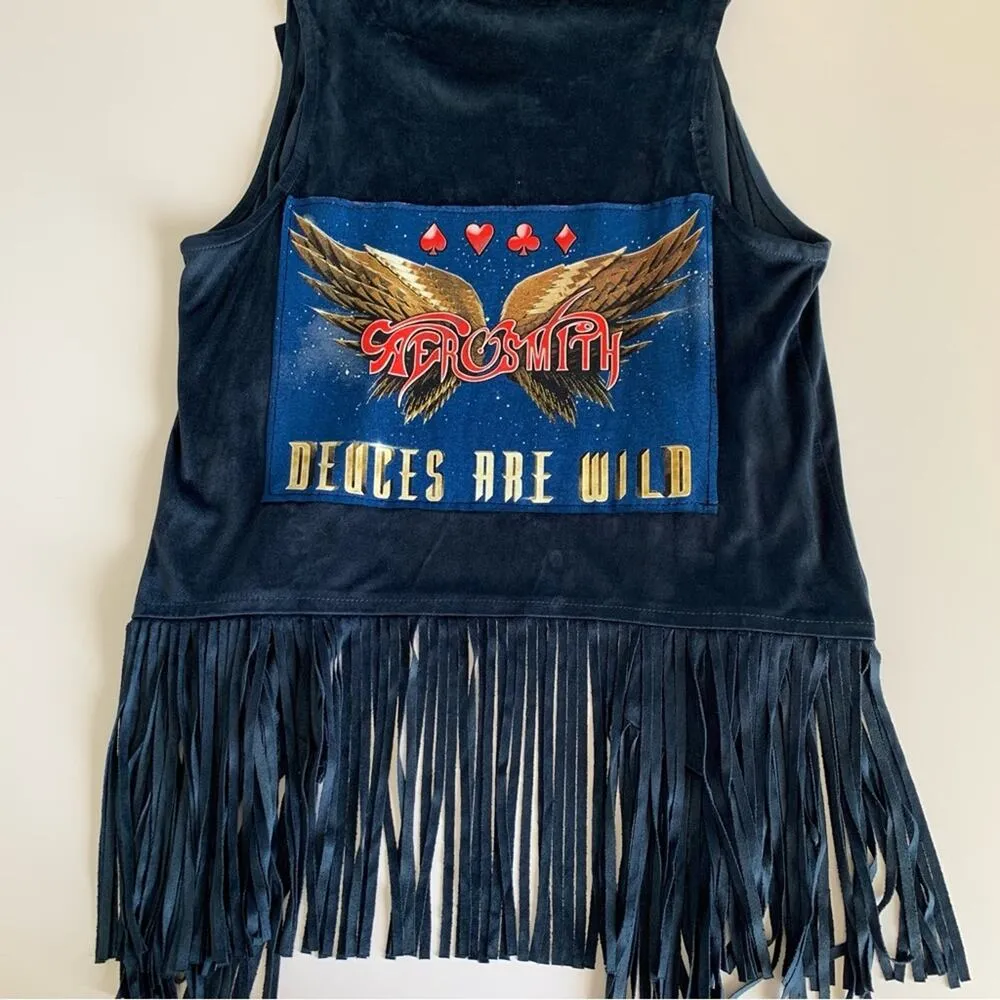 Via Penny Lane Reworked Apparel | Aerosmith Vegas Tour Navy Suede Fringe Vest XS Blue - Image 8