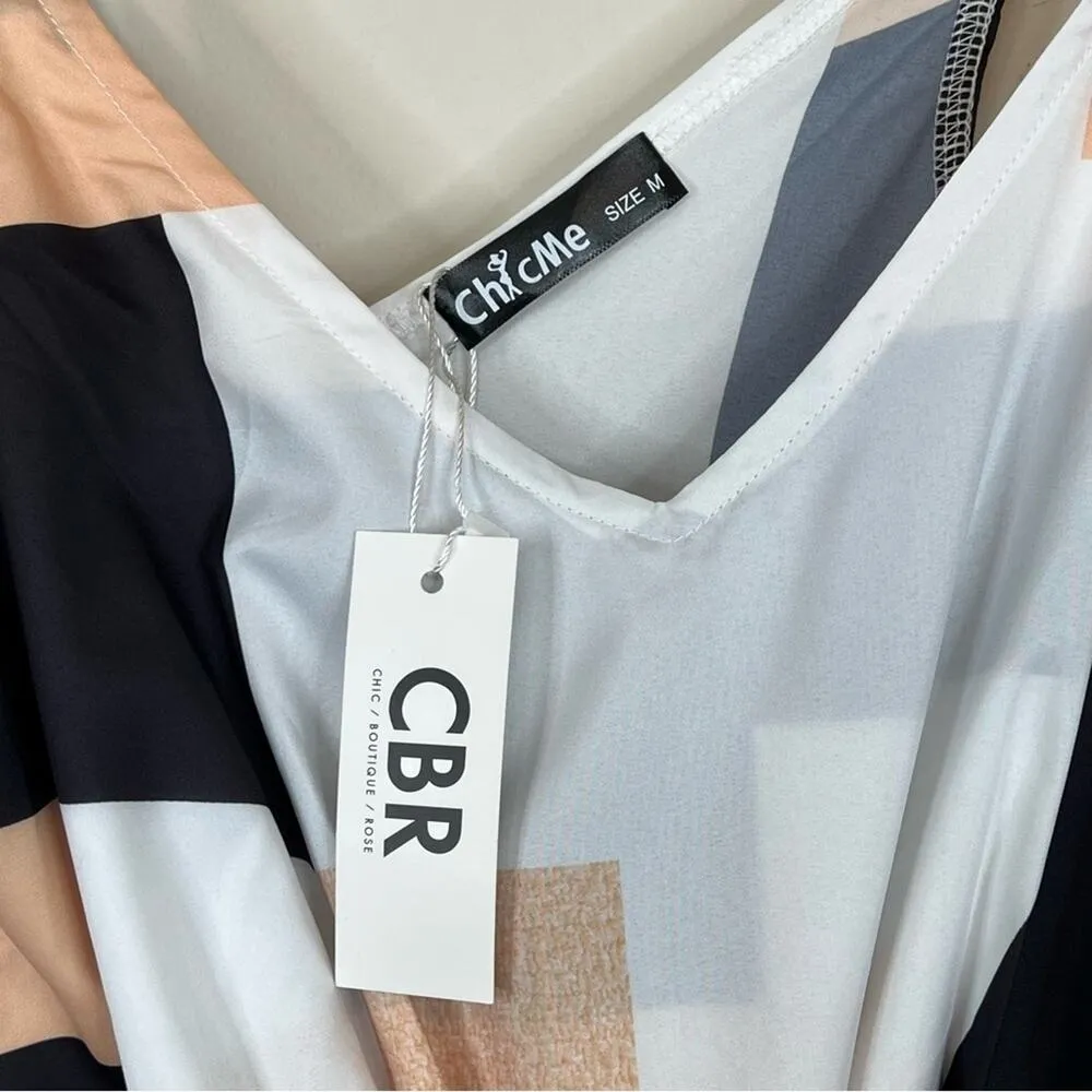 CBR ChicMe black tan geometric print tie shoulder belted midi dress M NEW - Image 7