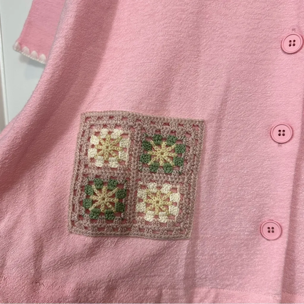 Lena Two Piece Grannycore Pink Terry Lounge Set Crochet Details Size Large NWOT - Image 4