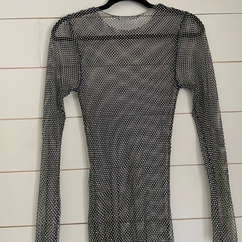 NEW Free People Filter Finish Long Sleeve Netted Rhinestone Top Navy Small - Image 8