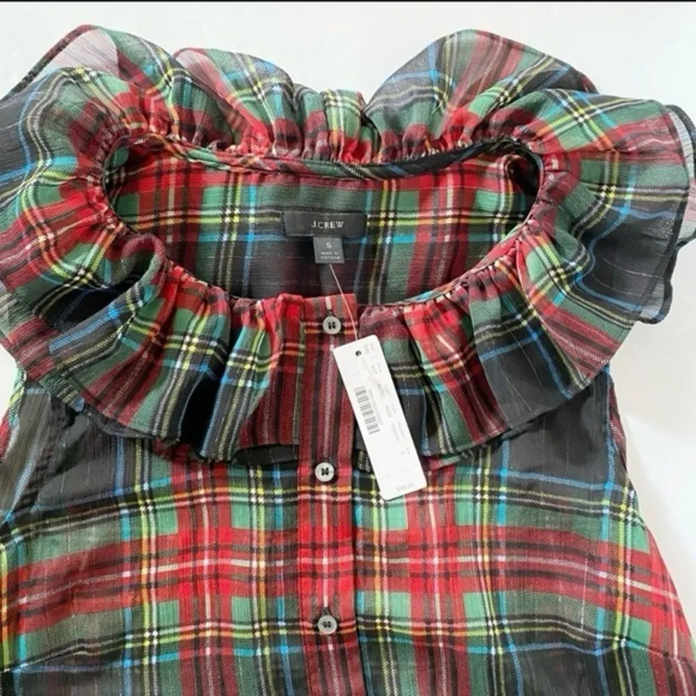 J. Crew Tartan Plaid Red Green Metallic Sheer Ruffle Button Tank Blouse NWT S‎ - Image 4