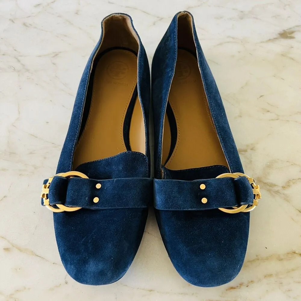 TORY BURCH Solid Blue Suede Smoking Flat Flats Gold Logo Buckle - US 7.5 - Image 4