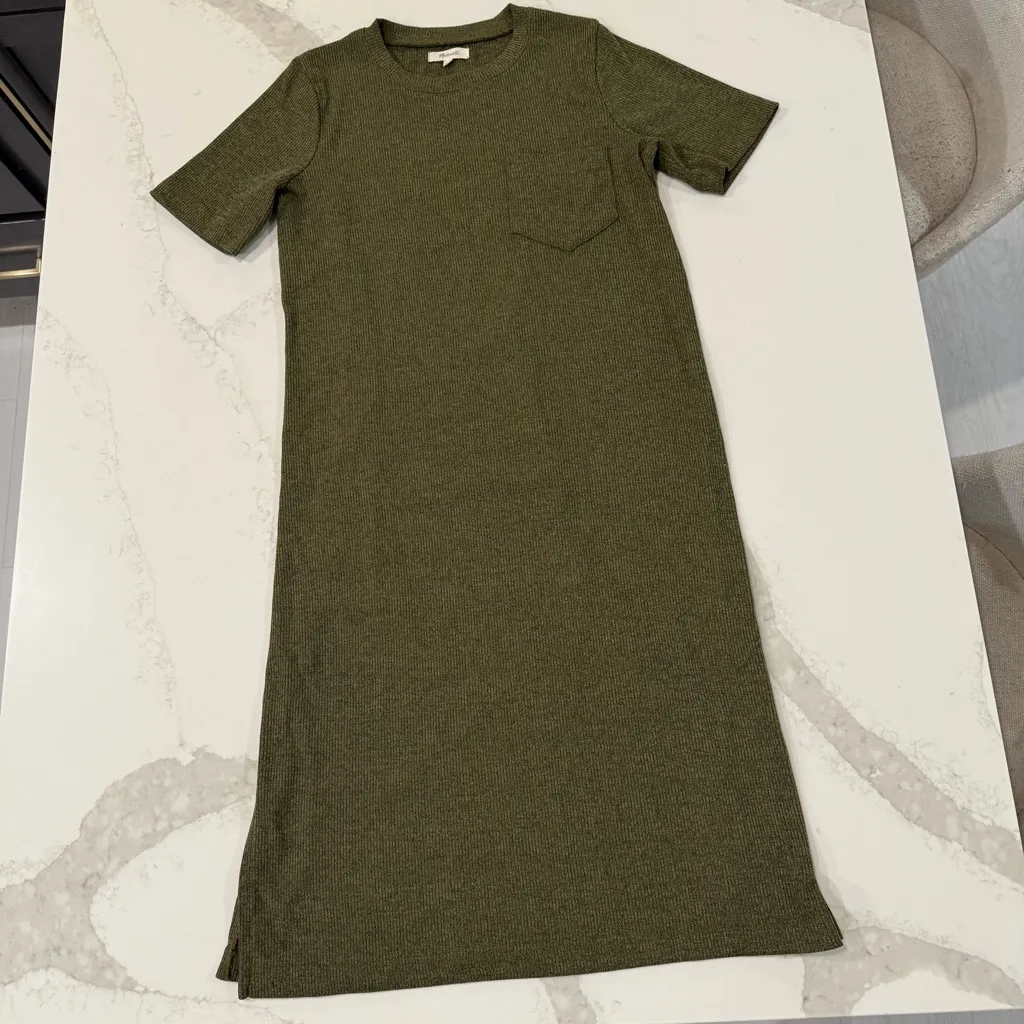 Madewell Ribbed Pocket Tee Midi Dress Women’s Small Kale/Olive Green Side Slits - Image 4