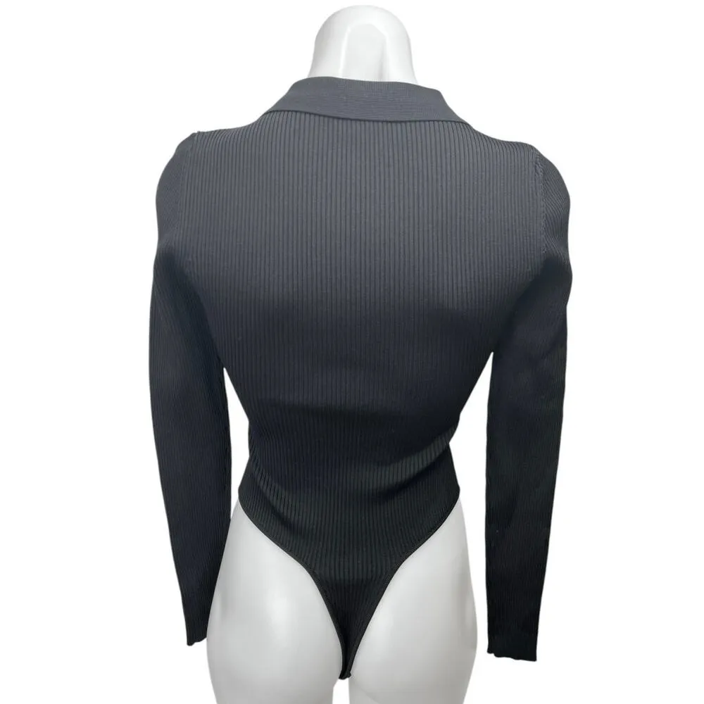 SER.O.YA Black Ribbed Button Up Collar Long Sleeve Polo Sweater Bodysuit Top XS - Image 2