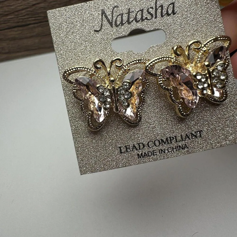 Pink Rhinestone Butterfly Gold Tone Insect Large Stud Pierced Earrings Natasha - Image 5