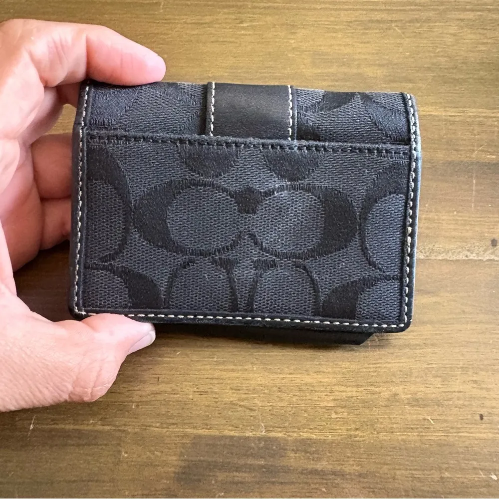 Coach Signature CC Wallet Black Canvas Fold Over Leather Card Holder Small - Image 11