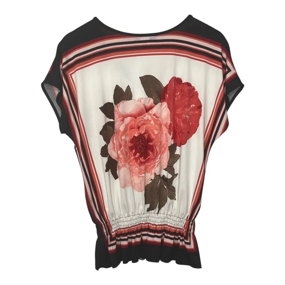 Claudia Richard Floral Rose Smocked Waist Blouse Black Red White Size Medium NWT - Image 4