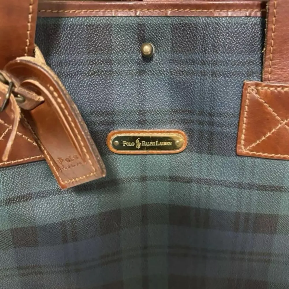 RALPH LAUREN Navy Blue & Green Black Watch Plaid Oversized Carry All Tote Bag - Image 4