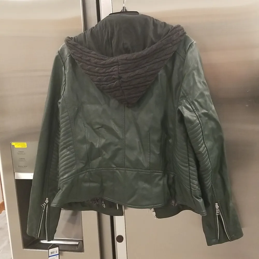 💕GUESS💕 Faux Leather Hooded Moto Jacket Zip Front Scuba ~ Hunter Green XL NWT - Image 11