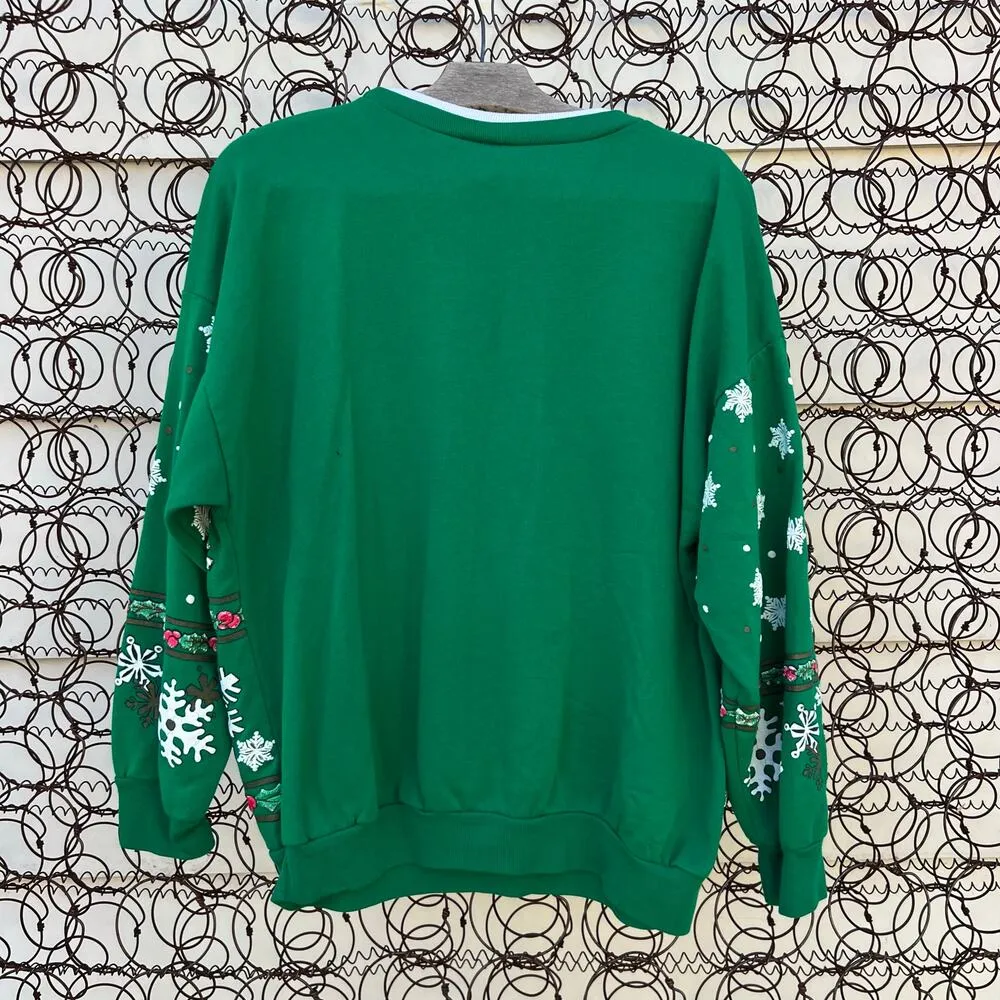 VTG puff print Christmas holiday scene sleigh ride in the mountains sweatshirt M Green Size M - Image 7