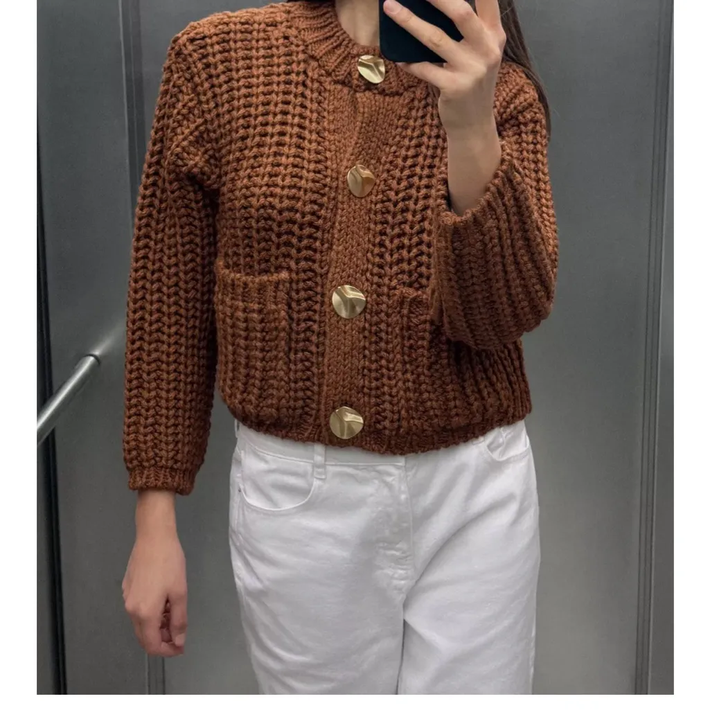 Zara CHUNKY Brown Knit Cardigan - Image 3
