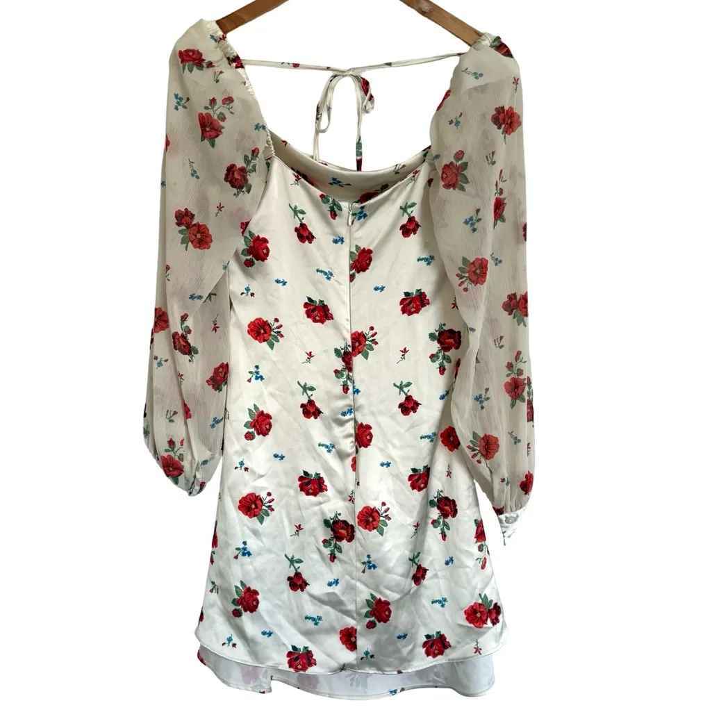 WeWoreWhat Dress 6 White Red Long Sleeve Roses Floral Puff Sleeve Cowl - Image 7