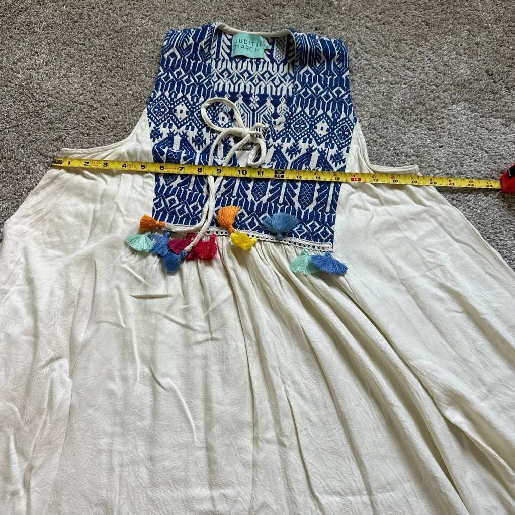 Judith March Cream dress with Blue Embroidery and Colorful Tassels - Image 7