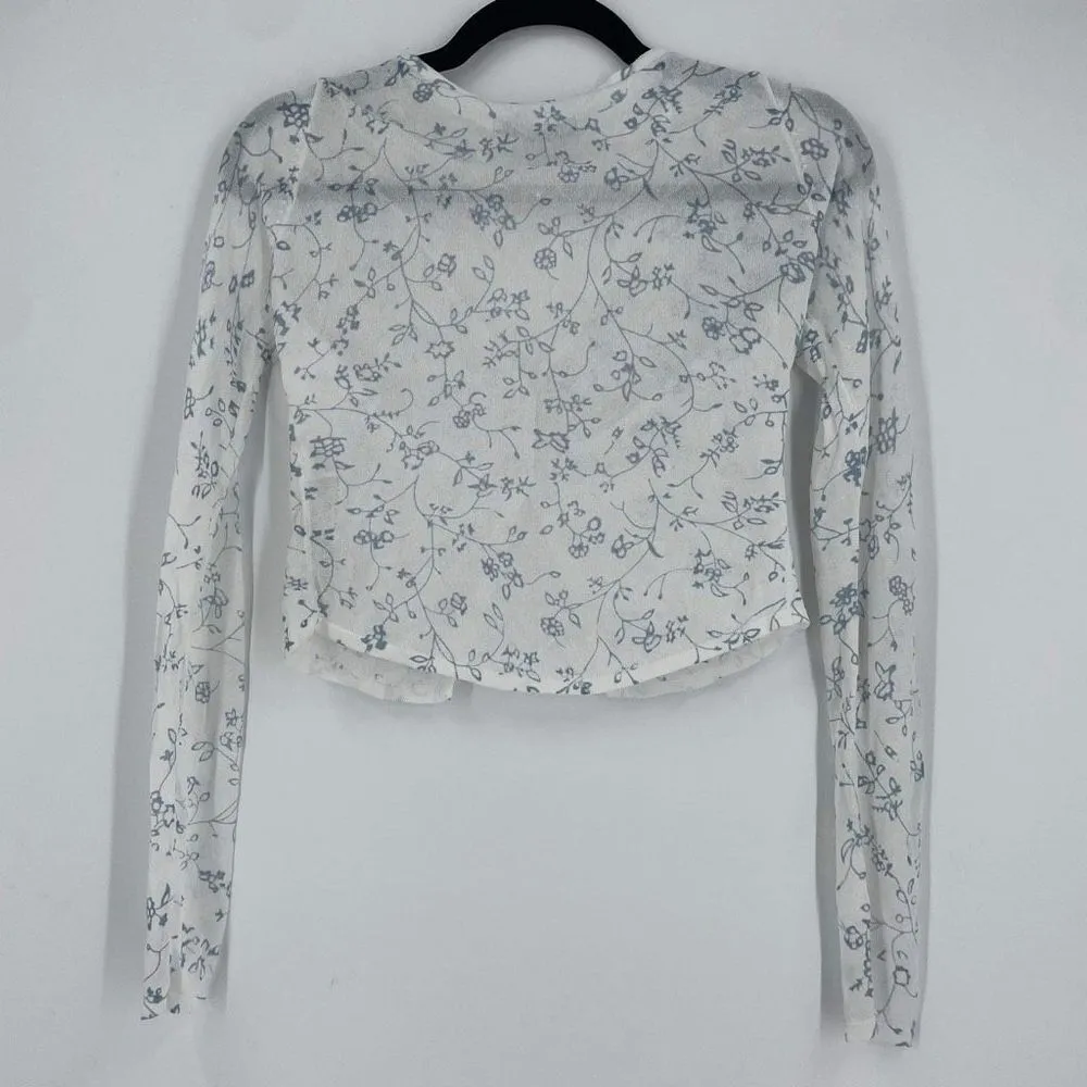 Zara Women's Floral Print Knit V Neck Long Sleeve Crop Top White Blue Size Small - Image 5