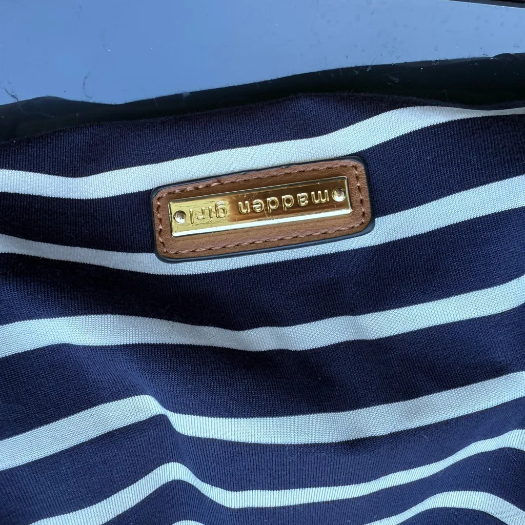 Madden Girl Navy and White Striped Tote with Brown Trim - Image 5