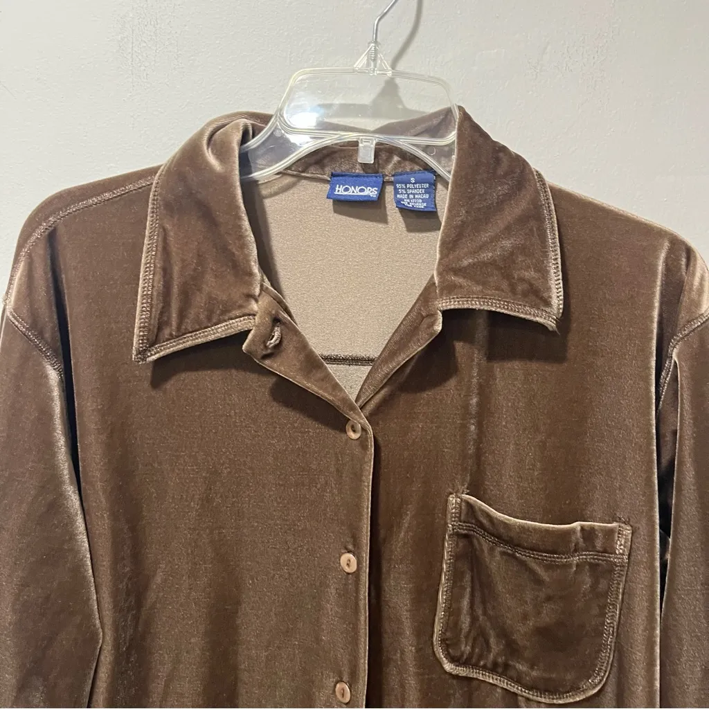 Vintage Honors Small Brown Velvet Button Down Shirt Y2K Soft Vamp Retro Lounge - Image 4