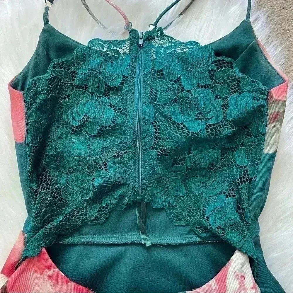 City Triangles Y2K Flare Green & Pink Floral Open Back Mini Dress - Image 7