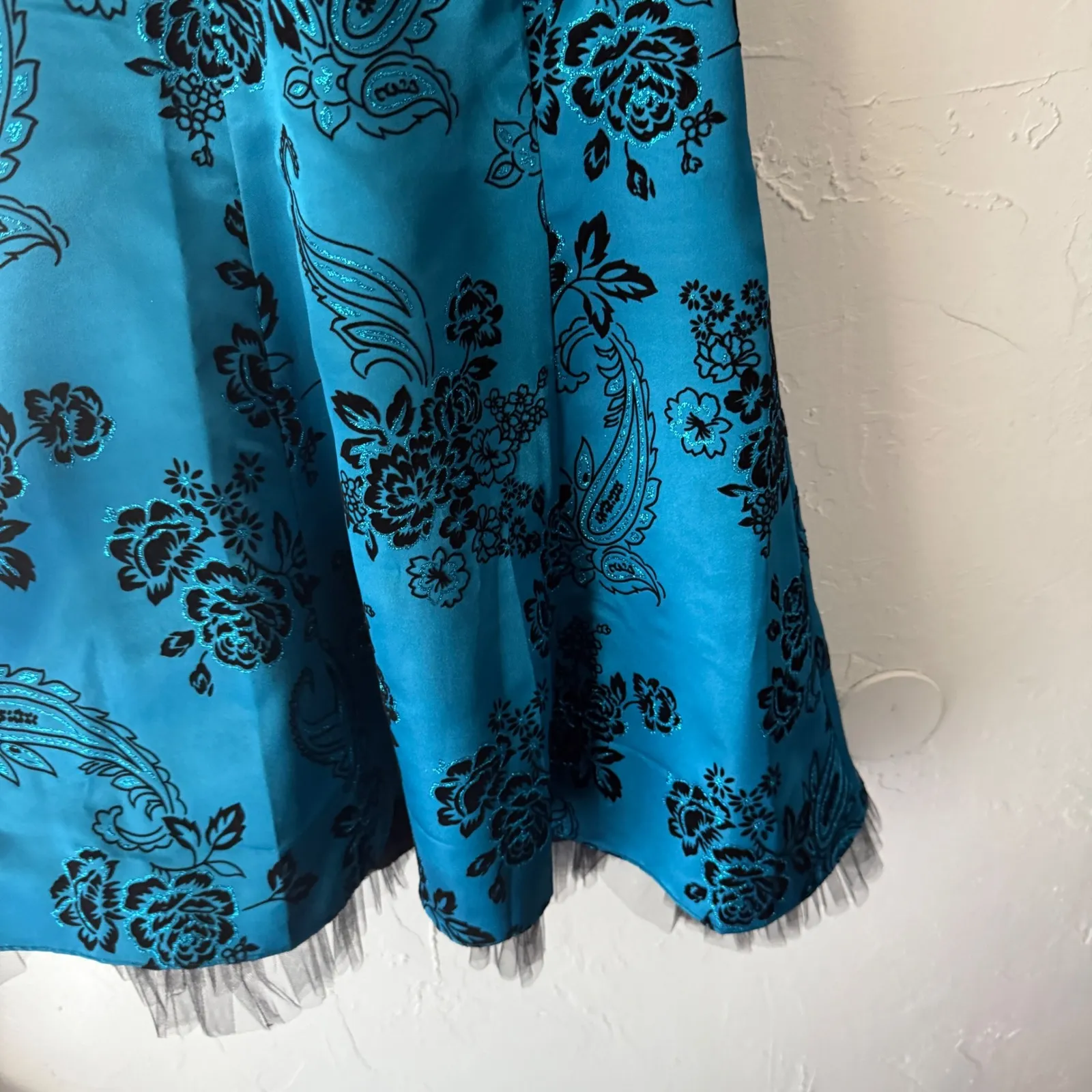 Teal Halter Dress Floral Fit Flare Tulle Trim‎ Whimsigoth Fairy Grunge Y2k Blue Size 8 - Image 5