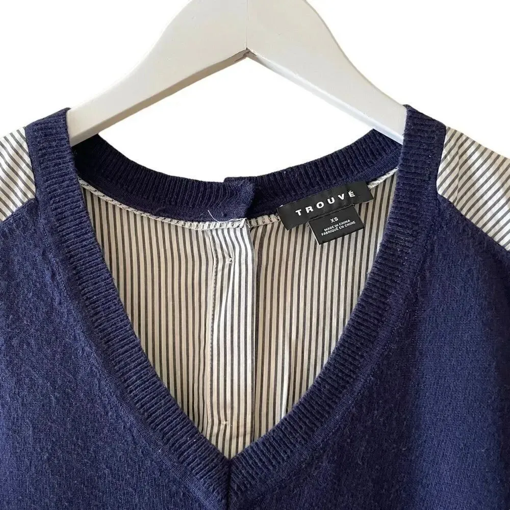 Trouve Mixed Media Solid Front Stripes Back VNeck Lightweight Sweater SZ XS Blue - Image 2