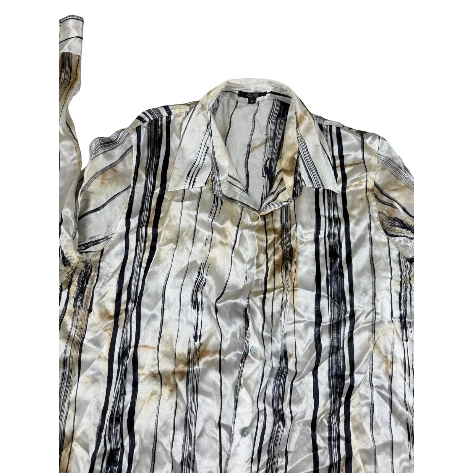 Zanella Italy‎ Silk Striped Button Down Shirt Women's Size 16 Long Sleeve Career White - Image 7