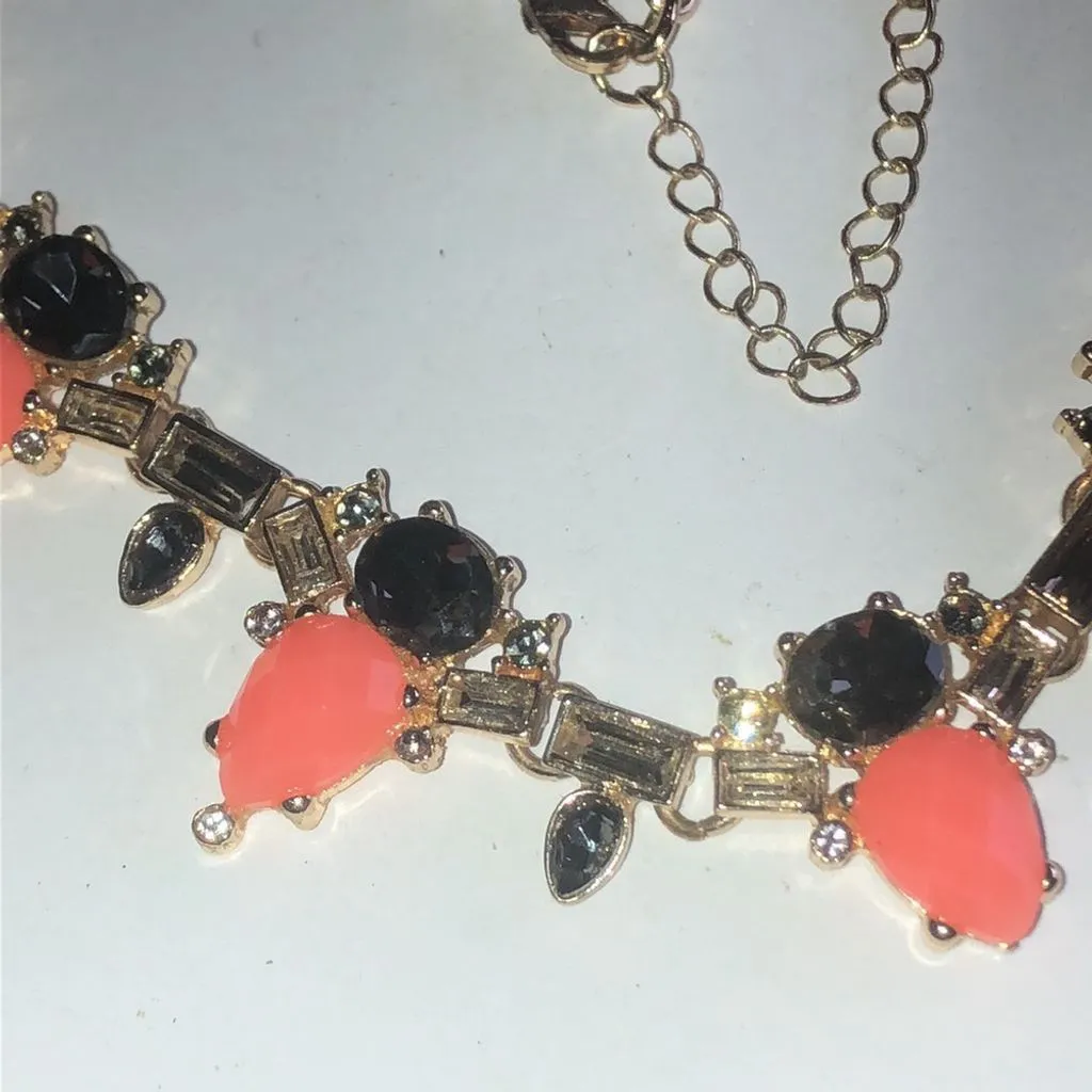 Gold Tone Bright Peach Runway CZ Rhinestone Statement Necklace Black - Image 5