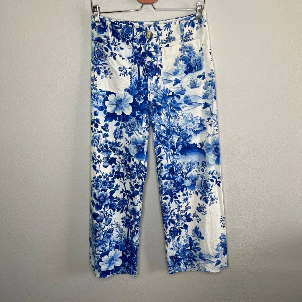 Maeve Anthropologie The Colette Blue Linen Floral Wide Leg Crop Pants Size 27 - Image 6