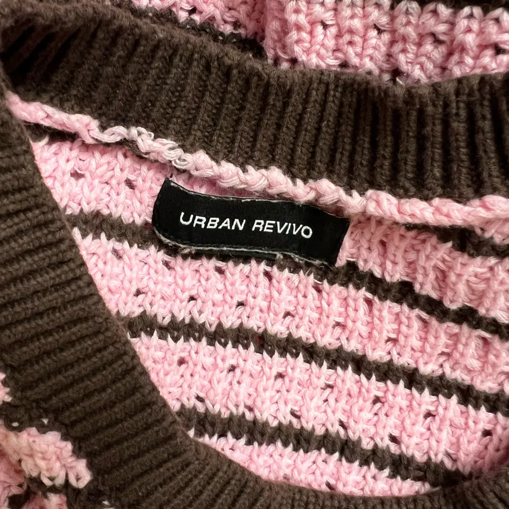 Urban Revivo Pink and Brown Striped Short Sleeve Sweater - Image 4