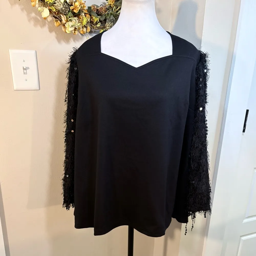 NWT CATO Evening Soirée Fringe Sequined  Sleeve Sweetheart Neck Top~ 18/20💚 - Image 9