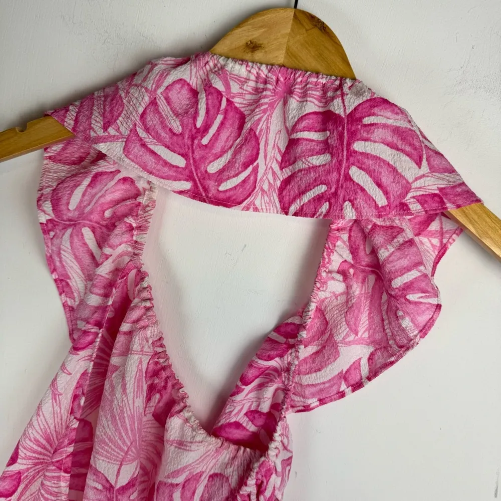 Cupshe Malina One Shoulder Ruffle Tiered Mini Dress Sz Small Pink Palm Tropical - Image 9