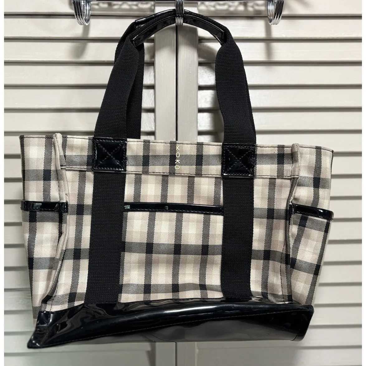 Koko Plaid Insulated Lunch Tote Bag Tan/Blk Pockets Cinch Close Extension Tan - Image 5