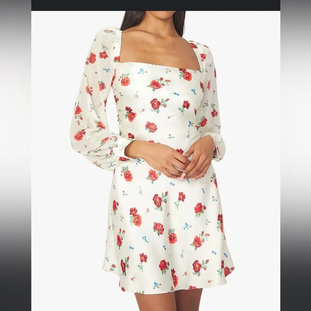 WeWoreWhat cottage White revolve Floral Puff Sleeve mini Dress Nwt satin fall - Image 6