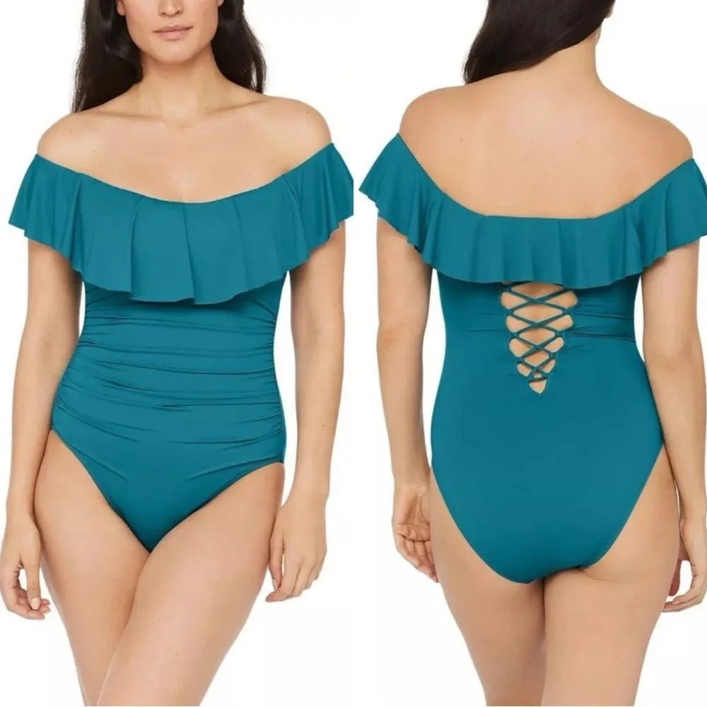 La Blanca Island Goddess Ruffle One Piece Swimsuit Caribbean Teal Blue Size 8 - Image 14