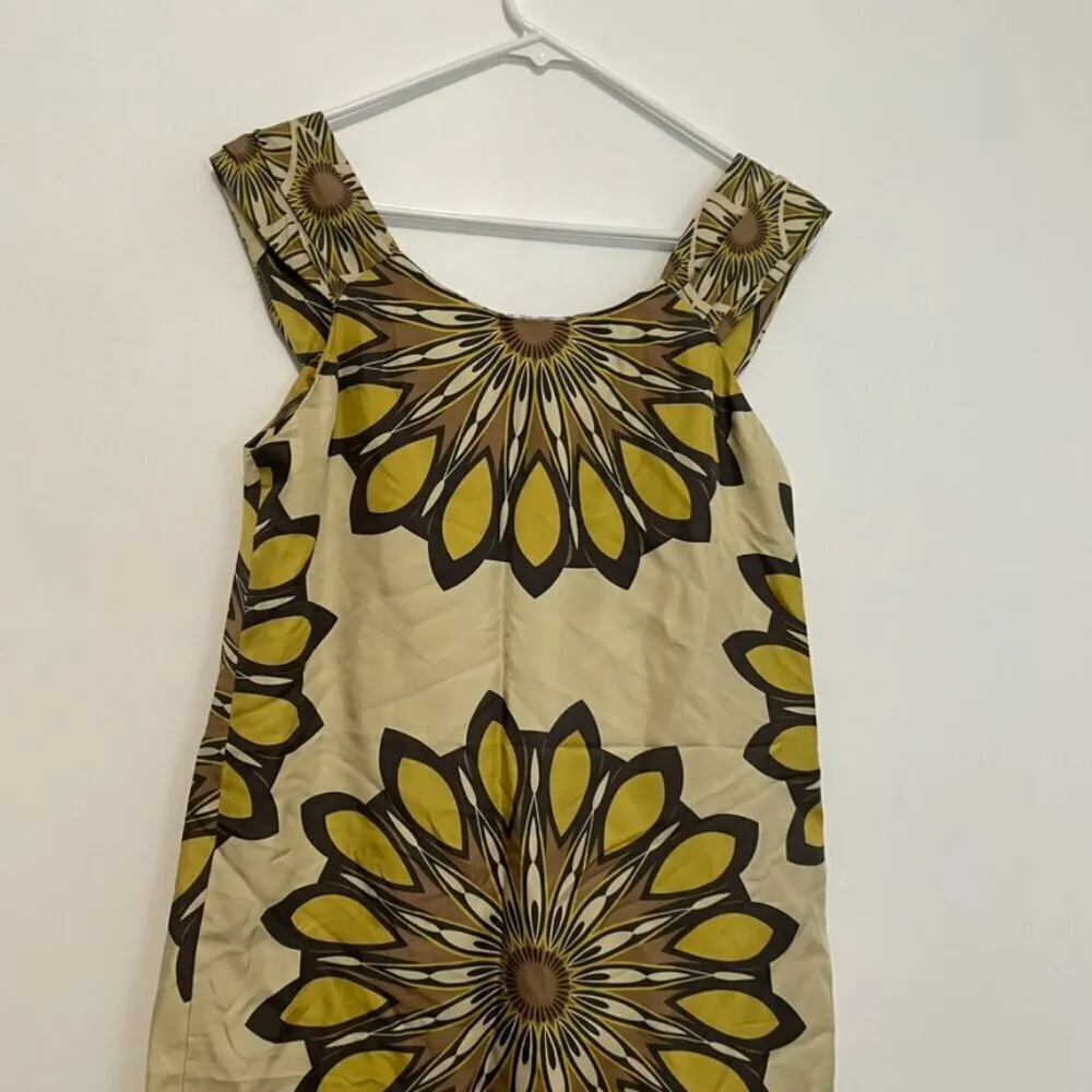VINCE Golden Gold Mustard Mandala Sunflower Floral 100% SILK Boho Shift Dress M - Image 12
