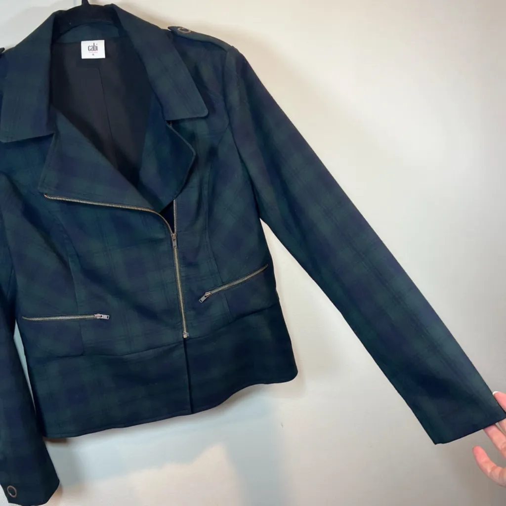 Cabi Tartan Plaid Asymmetrical Zip Moto Jacket Blazer Blue Green Academia Size 6 - Image 5