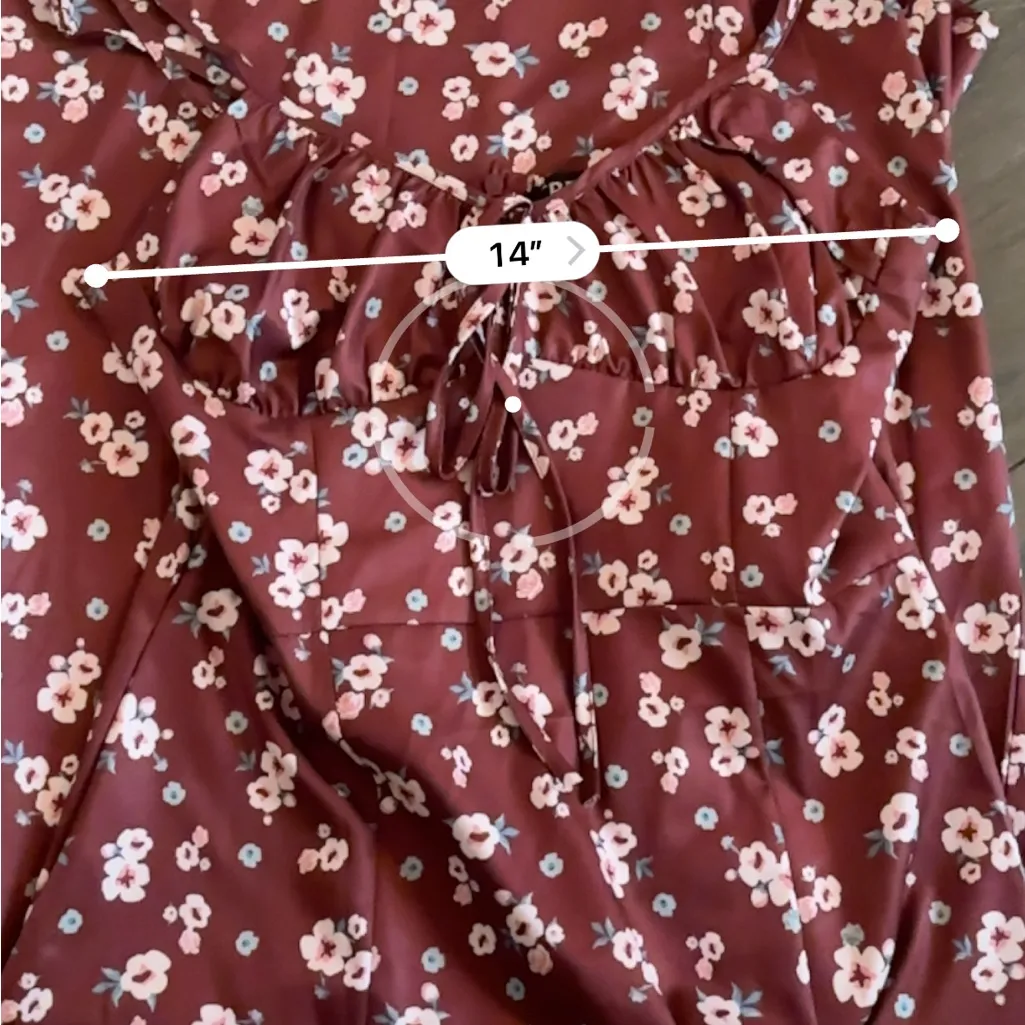 Burgundy Midi dress with floral print, high leg slit, babydoll top, size small Red - Image 6