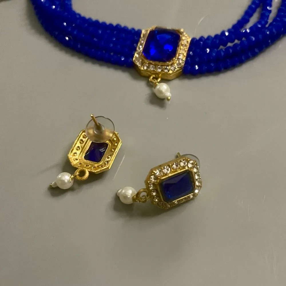 Royal Blue Beaded Choker Necklace & Earrings Set | Gold & Kundan Finish - Image 3