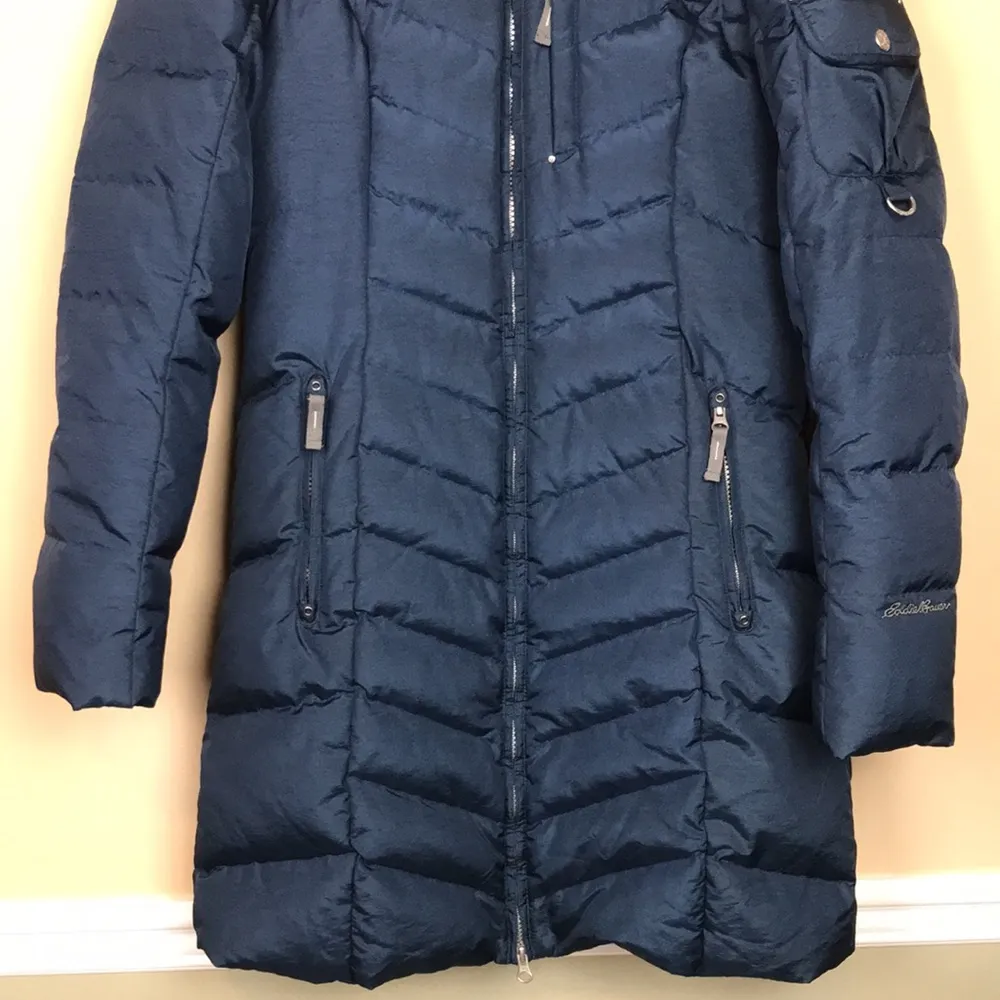 Eddie Bauer Women’s Goose Down Puffer Navy Blue Long Line Winter Snow Jacket - Image 3