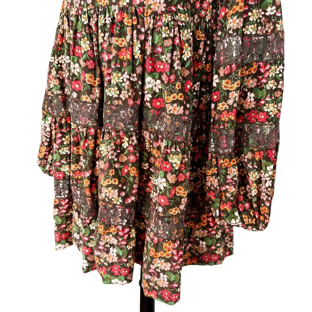 ByTimo NEW Baby Cord Shift Dress Floral Corduroy Lace Tiered Brown Multi XS - Image 7