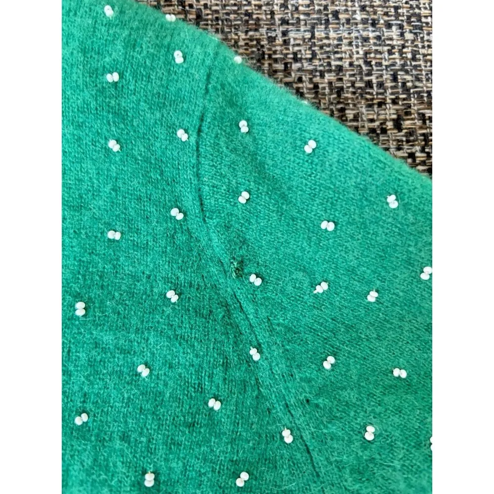 DOREEN LOK Vintage 60s Green Wool White Beads 3/4 Sleeves Cardigan Sweater 36/4 - Image 9