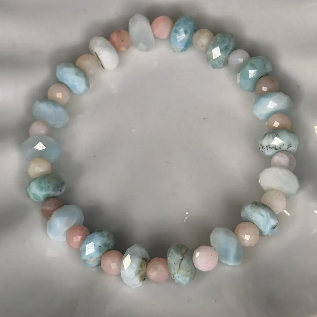 Larimar & Peruvian Pink Opal Faceted Beaded Bracelet handmade in Maui - Image 3
