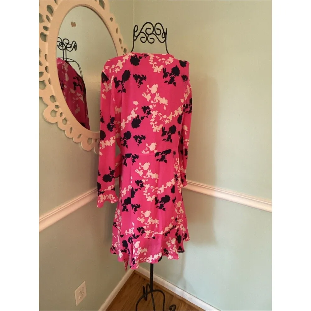 Tanya Taylor Small Hot Pink Floral Long Sleeve Pink Camo Silk wrap dress Ruffle - Image 6