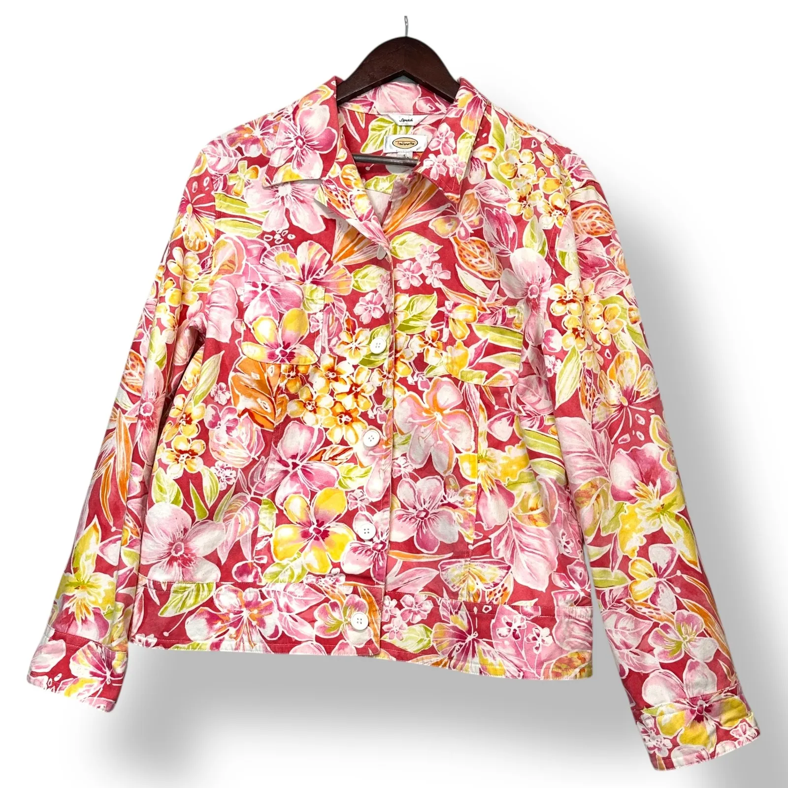 Talbots Women Floral Stretch Jacket‎ L Pink Yellow Green Cotton Blend Tropical - Image 2