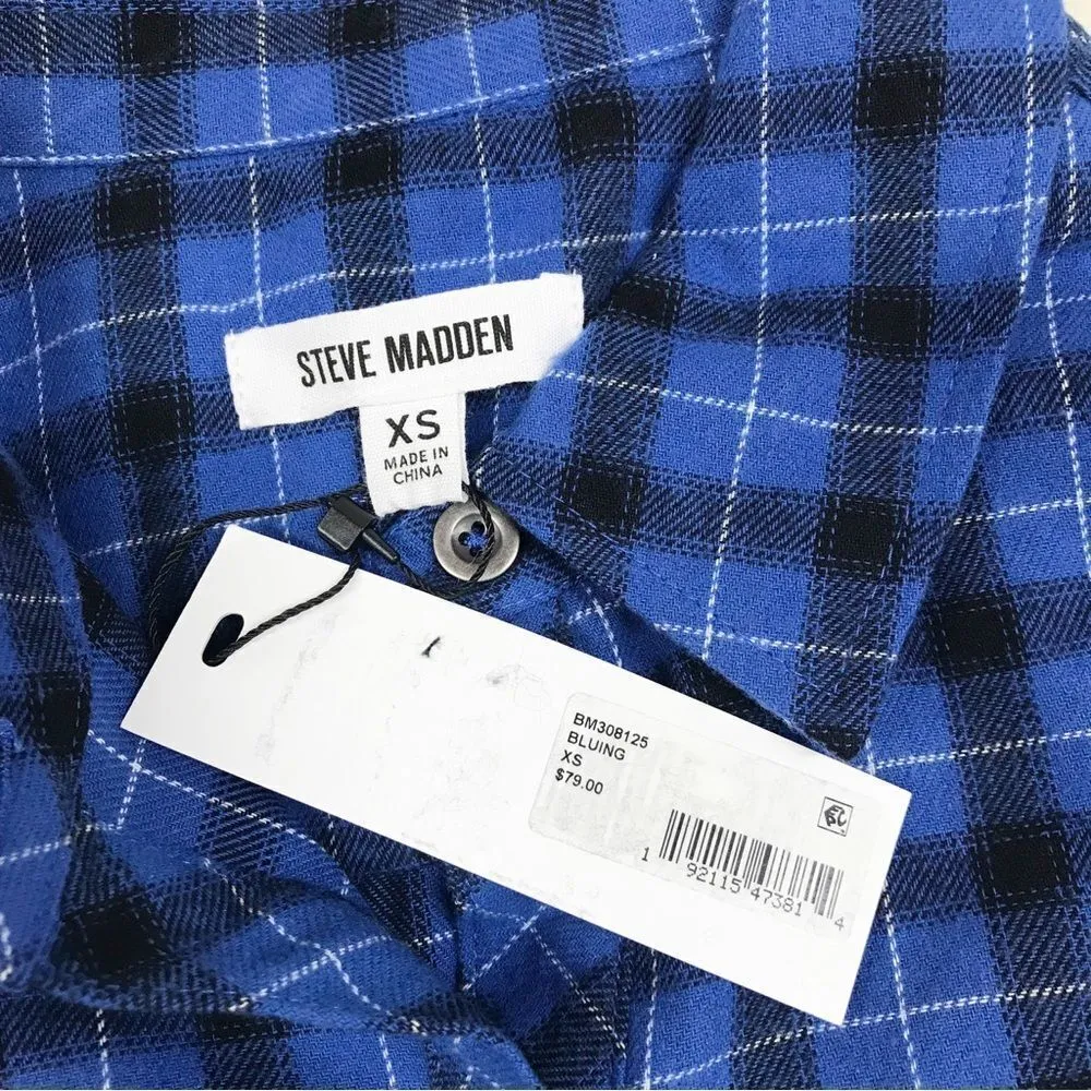 STEVE MADDEN Blue Plaid Shirt Dress Long Sleeve Button Front Black Size XS‎ New - Image 6