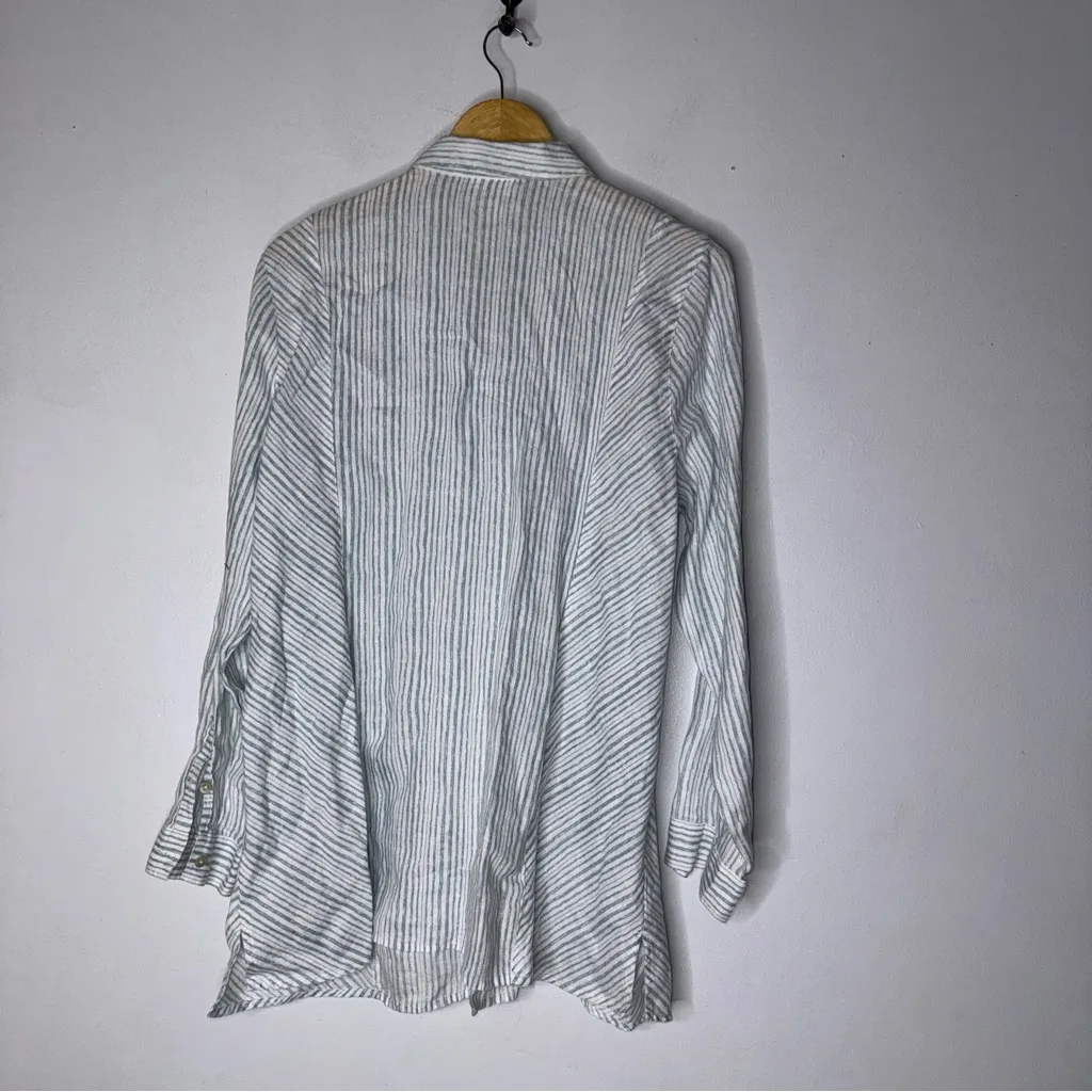 J Jill Love Linen XL Green White Stripe Collar Button Down‎ Tunic Linen Top CP - Image 5