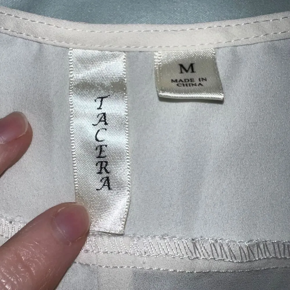 Womens Blouse Top Roll Tab Sleeves Zip Accent Ivory Light Beige Chiffon - Image 6