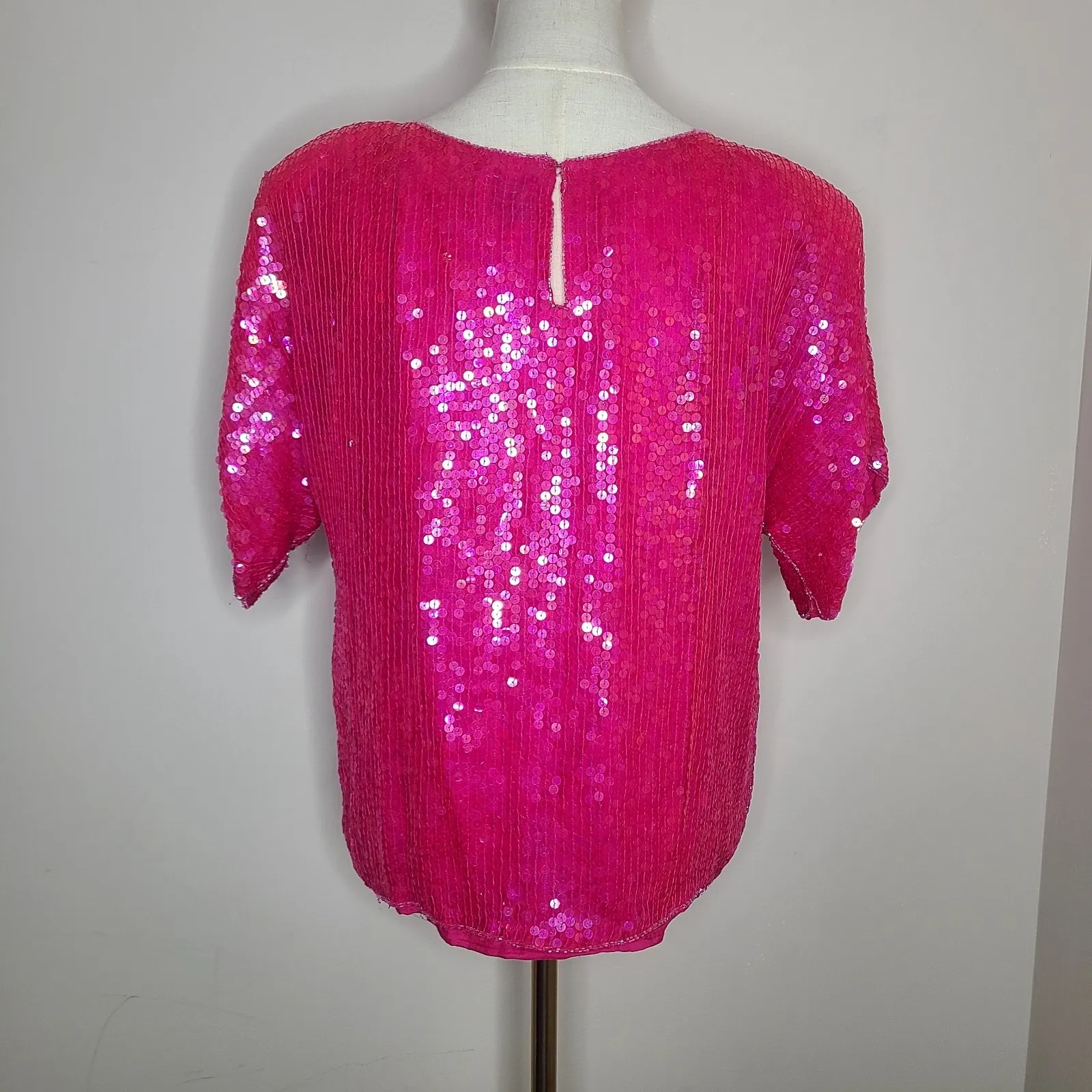 Vintage Rina Z Pink Barbiecore Sequin Short Sleeve Silk‎ Top Evening Party Sz M Size M - Image 5
