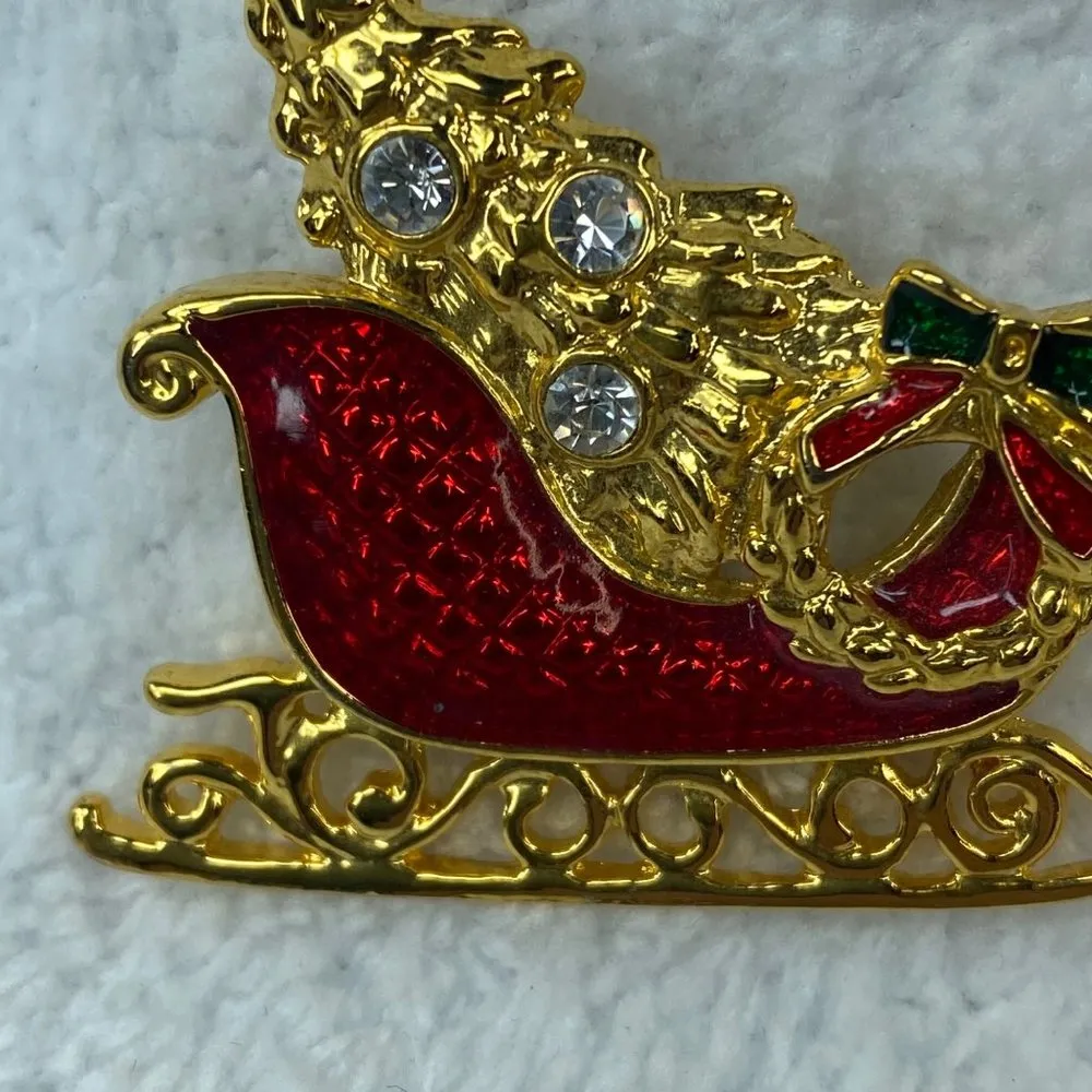 Santa Sleigh Christmas Tree Wreath Holiday Pin Brooch Gold Red Clear Colors - Image 8