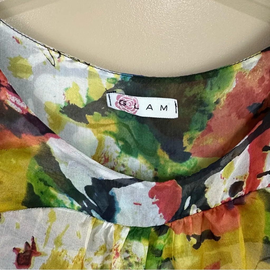 Glam Silk Multicolor Flowy Blouse Artsy Small Lagenlook - Image 2