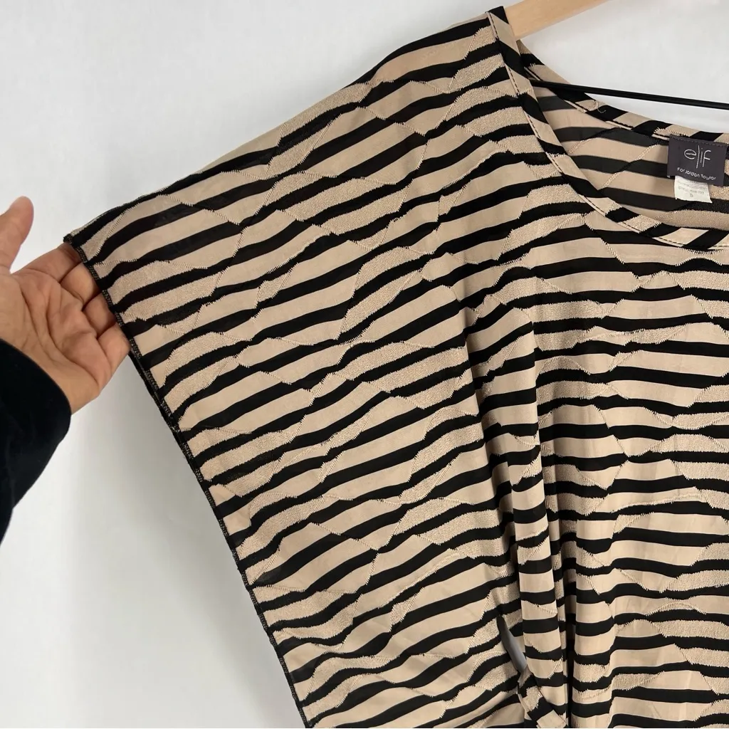 Elif‎ Jordan Taylor Semi Sheer Tan & Black Striped Belted Batwing Tunic Coverup - Image 3